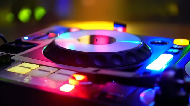 DJ deck close-up with neon lighting and vibrant colors in a dim scene