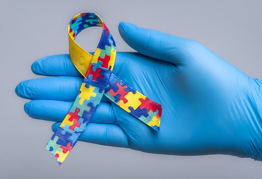 A gloved hand gently holds a ribbon representing autism awareness support