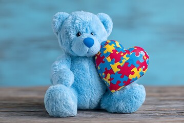 Soft blue teddy bear holding a colorful puzzle piece heart