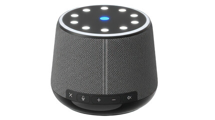 Smart speaker with illuminated buttons and fabric cover for home automation and voice control modern technology for audio and communication device on transparent background