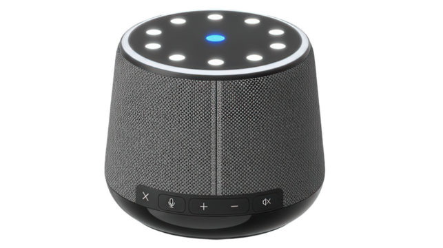 Smart speaker with illuminated buttons and fabric cover for home automation and voice control modern technology for audio and communication device on transparent background