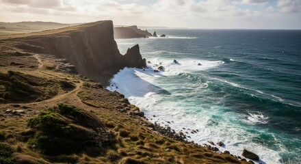 Expansive coastal view showcasing rugged cliffs meeting the foamy ocean under a sunny sky