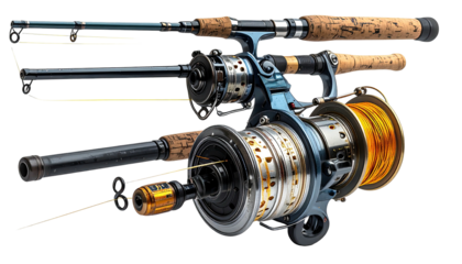 Fishing gear shows rods, reels, and shiny yellow line on black
