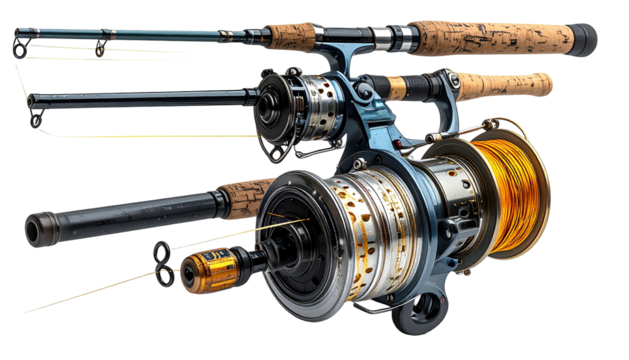 Fishing gear shows rods, reels, and shiny yellow line on black