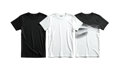 Three t-shirts black, white, gradient. Black backdrop