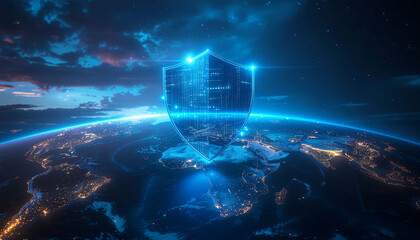 Global digital shield protecting Earth with data security and cybersecurity, modern technology concept with glowing neon outline