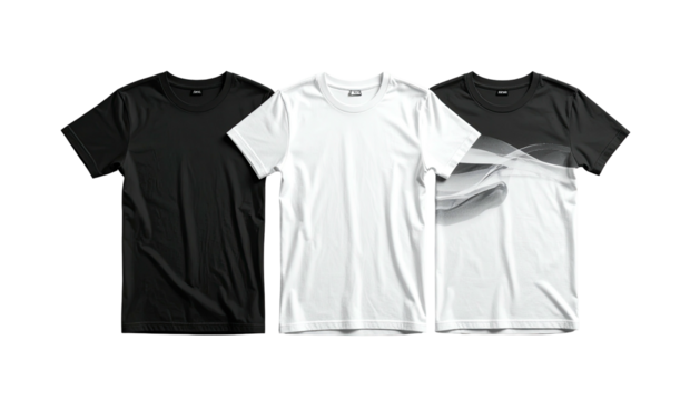 Three t-shirts black, white, gradient. Black backdrop