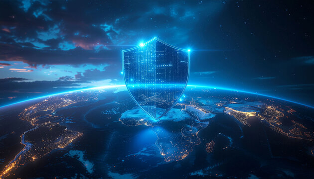 Global digital shield protecting Earth with data security and cybersecurity, modern technology concept with glowing neon outline - Powered by Adobe