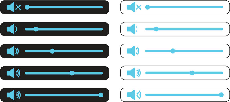 Volume Icon set.Audio player for songs or podcast playlist. Adjust mixer volume level. Equalizer symbol concept for control, filter, balance, tuning, options, and preferences.
