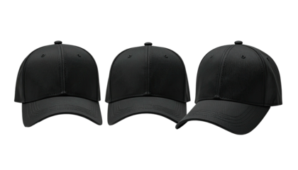Three black baseball caps in a row on black background