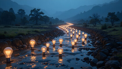 landscape, each bulb representing a unique idea, symbolizing creativity and the flow of innovation
