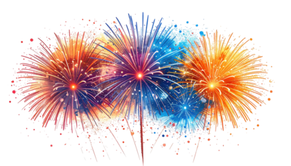 Exploding fireworks in vibrant orange, blue, and purple