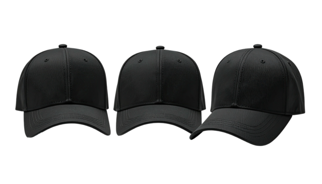 Three black baseball caps in a row on black background