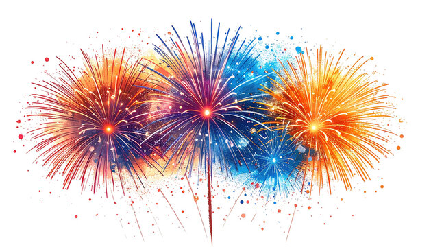 Exploding fireworks in vibrant orange, blue, and purple