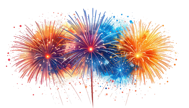 Exploding fireworks in vibrant orange, blue, and purple