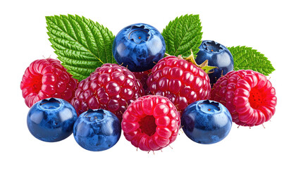 Heap of juicy raspberries, blueberries, and fresh green leaves