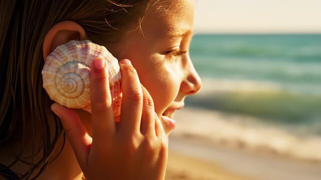 Child listens to seashell by ocean: serene beachside reflection at sunset