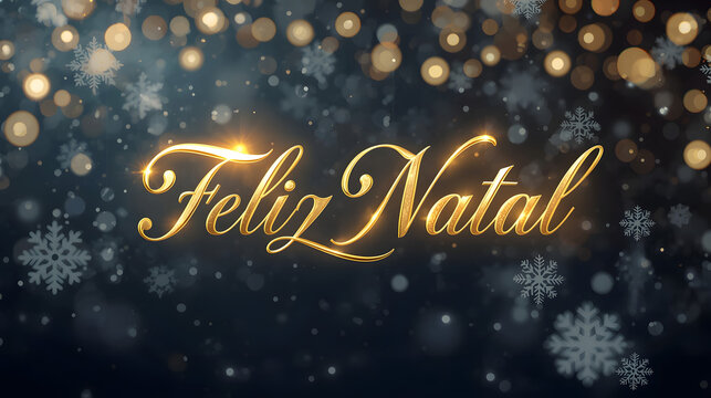 Glowing Golden 'Feliz Natal' Script Amidst Snowflakes and Bokeh Lights on Dark Blue Background - Powered by Adobe
