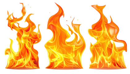 Three stylized flames, vivid oranges and reds, black background