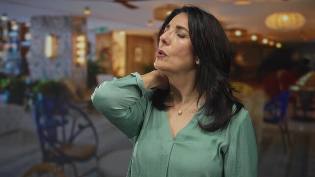 Middle aged hispanic woman with hand on neck gesture and closed eyes in a hotel lobby building softly lit seating area; discomfort.