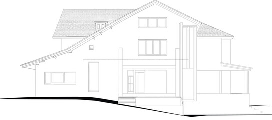 Modern house section drawing, architectural elevation, black and white vector, building cross-section, interior layout, construction detail, residential design, terrain slope