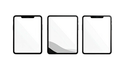 Three tablets side-by-side, white screens on a black backdrop
