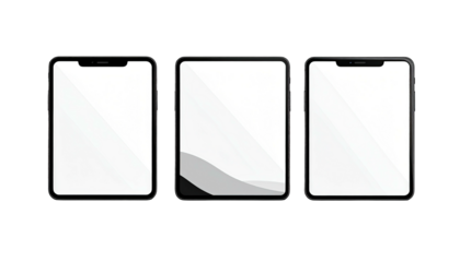 Three tablets side-by-side, white screens on a black backdrop