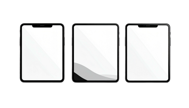 Three tablets side-by-side, white screens on a black backdrop