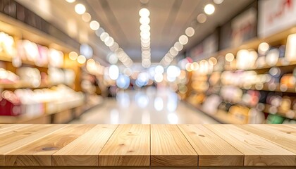 Wooden table view blurred shopping mall aisle, lights overhead