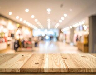 Wood surface before a bright, blurred, retail background