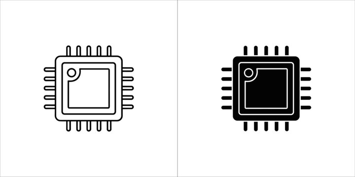 Two icons of a computer processor chip, one black and white outline and one solid black