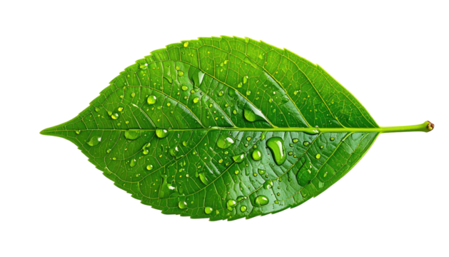 Bright green leaf covered in water droplets against black backdrop