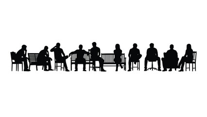 Diverse group of sitting people silhouettes isolated on white background, Vector