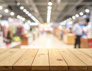 Blurred store interior, wood table foreground