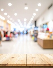 Blurred shop background, wooden table focus in foreground