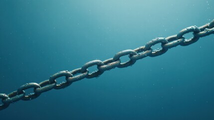 Underwater View of a Single Chain Suspended in the Sea, Shimmering in Topaz Hues with Bubbles Surrounding - Serene Depths and Tranquil Atmosphere
