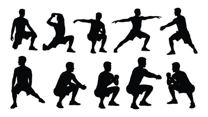 Workout and stretching men silhouettes isolated on white background, Vector