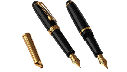 Three black fountain pens, gold trim, cap removed