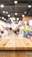 Wood tabletop; blurred store background, lights, people