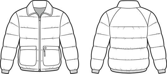 Fashion flat sketch, puffer jacket front and back view, zipper closure, quilted stitching, flap pockets, black and white CAD, garment construction, winter outerwear ©  Creative Crafter