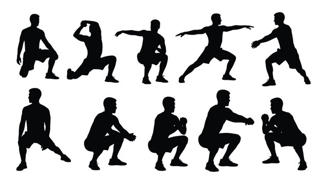 Workout and stretching men silhouettes isolated on white background, Vector