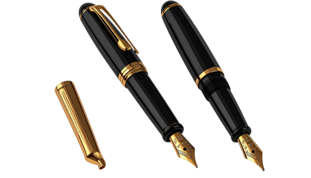 Three black fountain pens, gold trim, cap removed