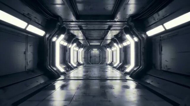 Futuristic spaceship corridor with glowing lights, representing advanced technology and interstellar travel, creating a sense of wonder and exploration in deep space
