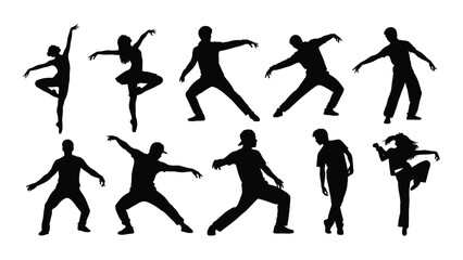 Collection of dynamic dance silhouettes isolated on white background, Vector