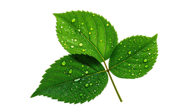 Green leaf with water droplets isolated on a black background