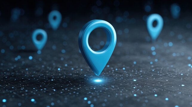 Aerial Digital Map Visualization with Highlighted Location Pins and Icon Representation in a Vibrant Blue Color Scheme