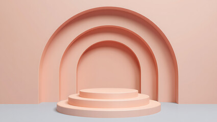 Obraz premium Minimalist pastel pink arched backdrop with tiered display podium