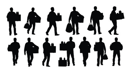 Silhouettes of men carrying packages and groceries isolated on white background, Vector