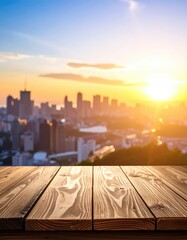 Wood table overlooks hazy city skyline at golden sunset