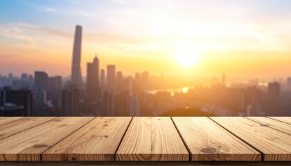 Blurred city skyline with sunrise, wood plank foreground